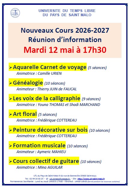Mardi 12 mai 2026 Réunion information nouveaux cours en 2026-2027
